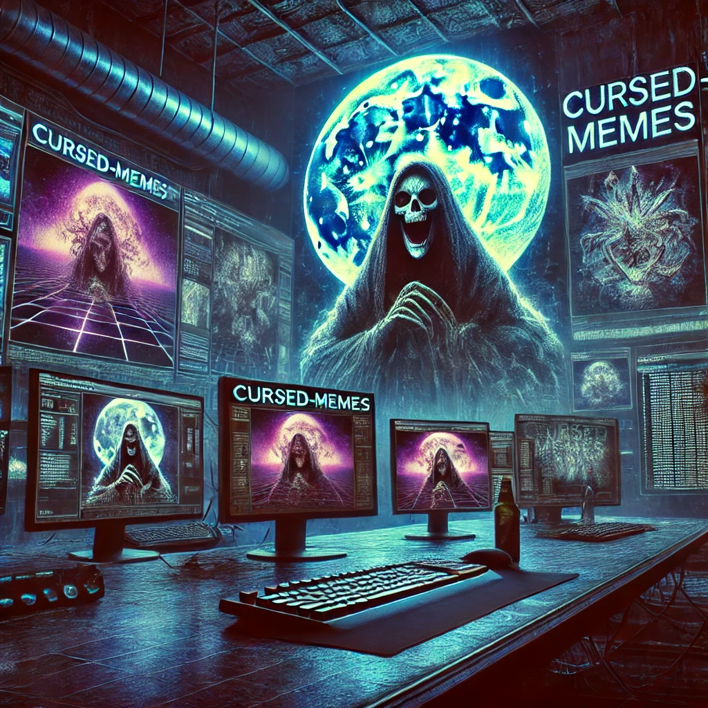 Feature image for Cursed-Memes.com business, depicting a dimly lit room filled with multiple screens showing bizarre, distorted images. The scene captures the eerie and unsettling atmosphere of cursed memes, with subtle technological elements like keyboards and glitch effects emphasizing the digital nature of the platform.