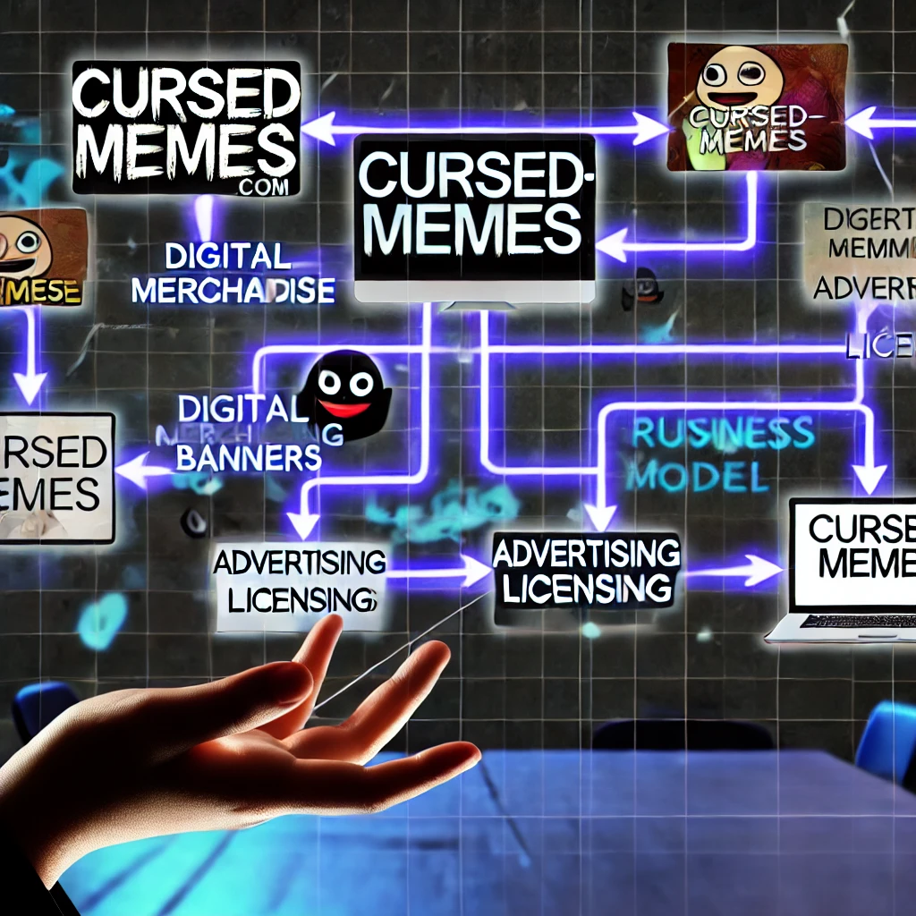 Wide and short image representing the business model of Cursed-Memes.com, showing connected elements like digital merchandise, advertising banners, and content licensing. The image has a dark, edgy aesthetic, emphasizing the strategic and revenue-focused aspects of the platform.