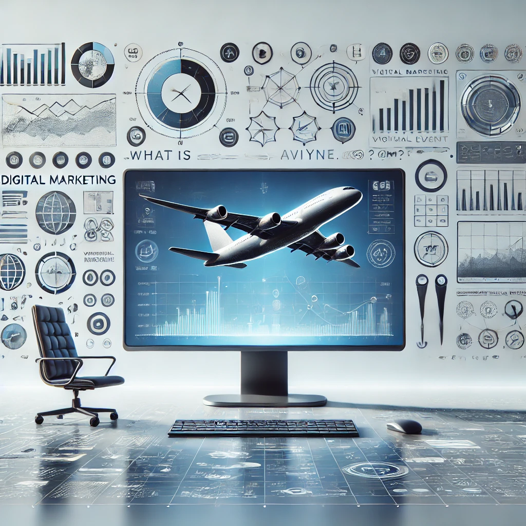 Feature image of Aviyne .com depicting a clean, minimalist design with elements representing digital marketing, aviation technology, and virtual events. The image includes subtle graphics like an airplane, digital analytics icons, and virtual networking symbols, set against a backdrop of blue, white, and grey colors, symbolizing trust, innovation, and professionalism