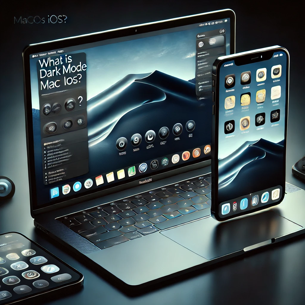 Feature image for the article 'What is Sniffspot Dark Mode macOS iOS?' showing a smartphone and a MacBook, both displaying dark mode interfaces. The background features a dark gradient, highlighting the devices' screens with a minimalistic and tech-focused design.