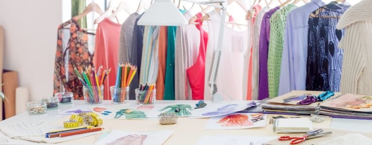 Fashion designer studio with material on a table