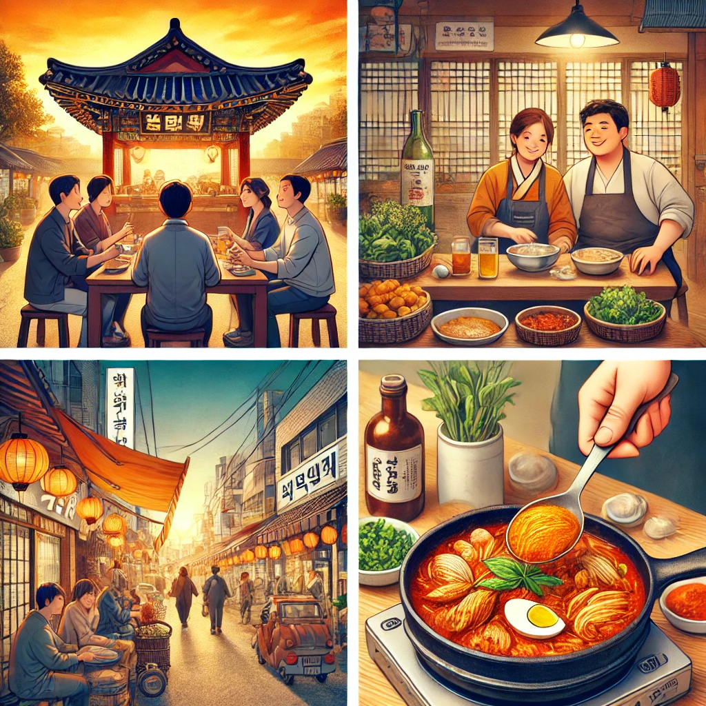 Various settings of enjoying Soemjeung Korean food, including a traditional Korean restaurant, a street food market stall, and a cozy home kitchen where the dish is being prepared.