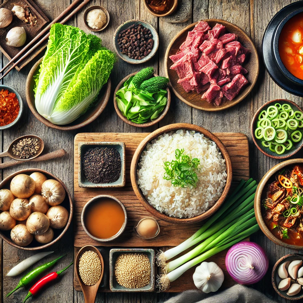 Ingredients and preparation process for Soemjeung Korean food, featuring bowls of rice, chopped vegetables, marinated proteins, and essential seasonings like gochujang, soy sauce, garlic, and sesame oil on a rustic wooden table.