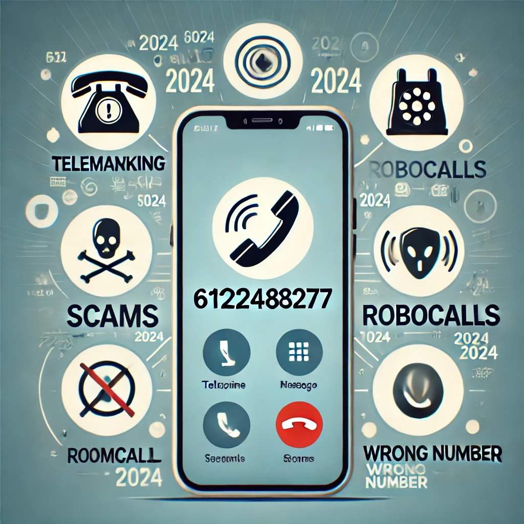 Smartphone receiving a call from 6122483277 with icons in the background representing telemarketing, scams, robocalls, and a wrong number.