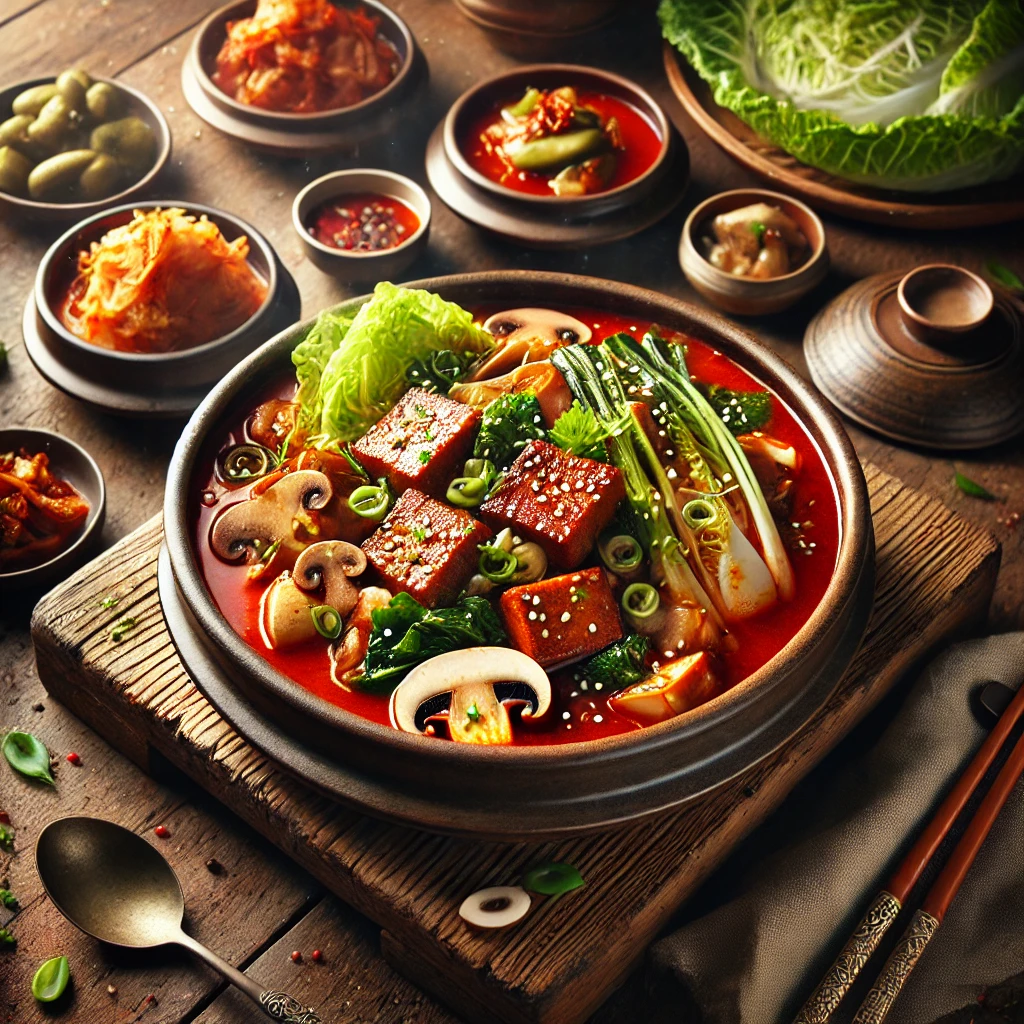 A vibrant dish of Soemjeung Korean food in an earthenware bowl with a spicy red broth, topped with vegetables and marinated tofu, served on a traditional Korean table with side dishes.