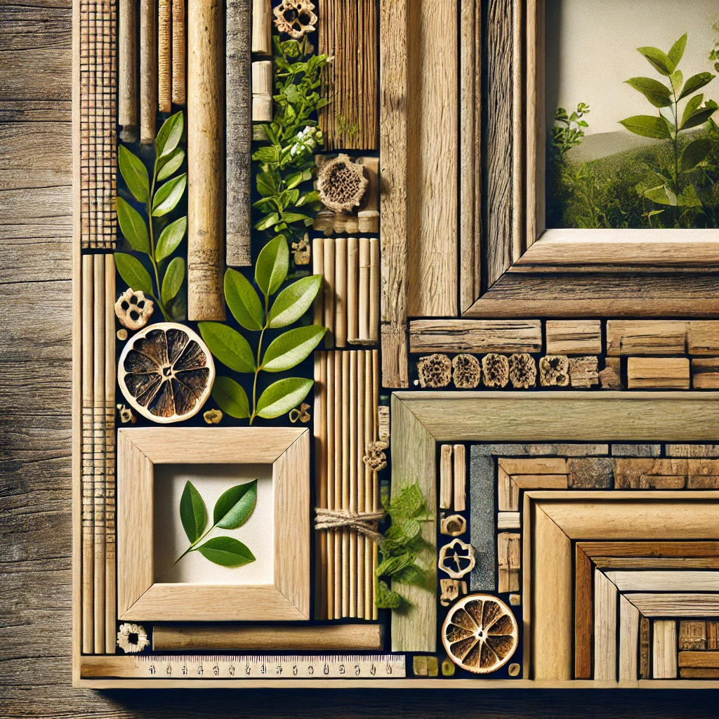 Picture frames made from sustainable materials like reclaimed wood, bamboo, and recycled metals, symbolizing eco-friendly home decor.