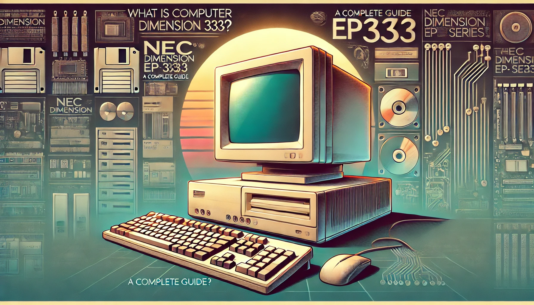 Wide-format feature image for an article titled 'What is Computer NEC Dimension 333? A Complete Guide to the Classic NEC Dimension EP 333 Series.' The image features a retro 1990s desktop computer setup with a CRT monitor, tower, and keyboard, representing the NEC Dimension 333. The background includes vintage tech elements like floppy disks and circuit boards, creating a nostalgic, classic technology feel.