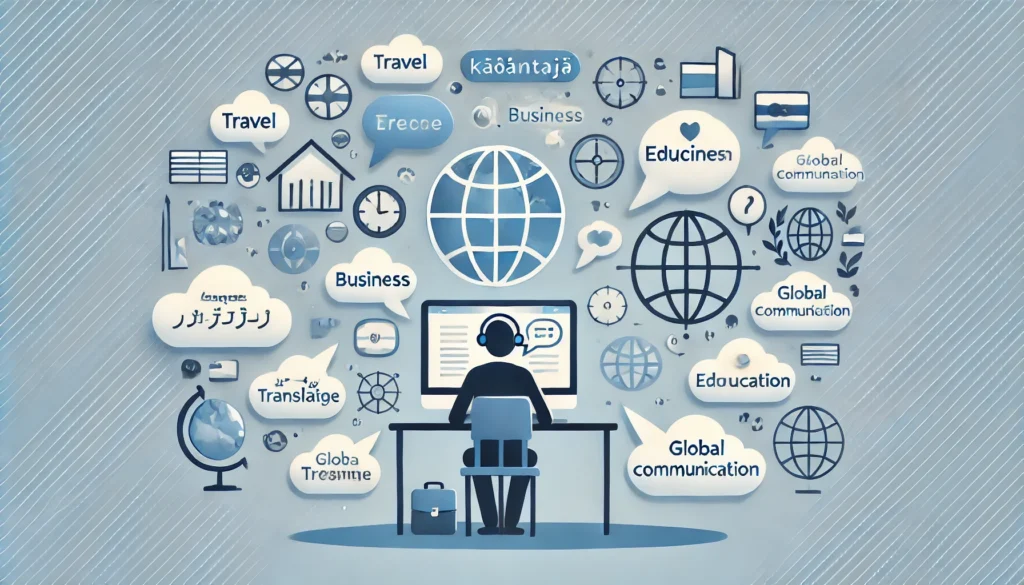 Illustration of a person at a computer with speech bubbles displaying different languages. Icons surrounding the person represent travel, business, education, and global communication, symbolizing the various reasons people use translation tools like Käöäntäjä.