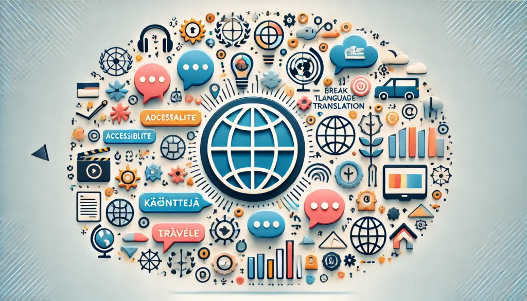 Illustration showing icons of a globe, speech bubbles in different languages, and symbols representing accessibility, globalization, and education. Smaller icons depict travel, business, and learning, emphasizing the benefits of using translation tools like Käöäntäjä.