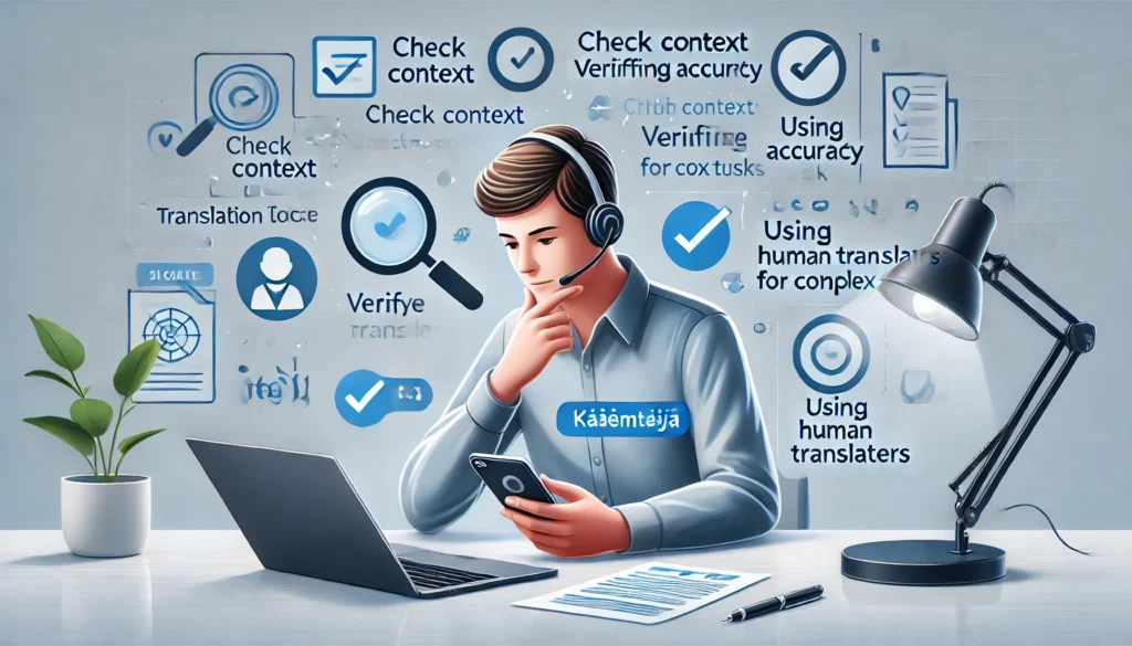 Realistic illustration of a person using a translation app on a laptop and smartphone. Surrounding the person are icons representing best practices for using translation tools, including a magnifying glass for checking context, a checklist for verifying accuracy, and speech bubbles to symbolize the use of human translators for complex tasks.