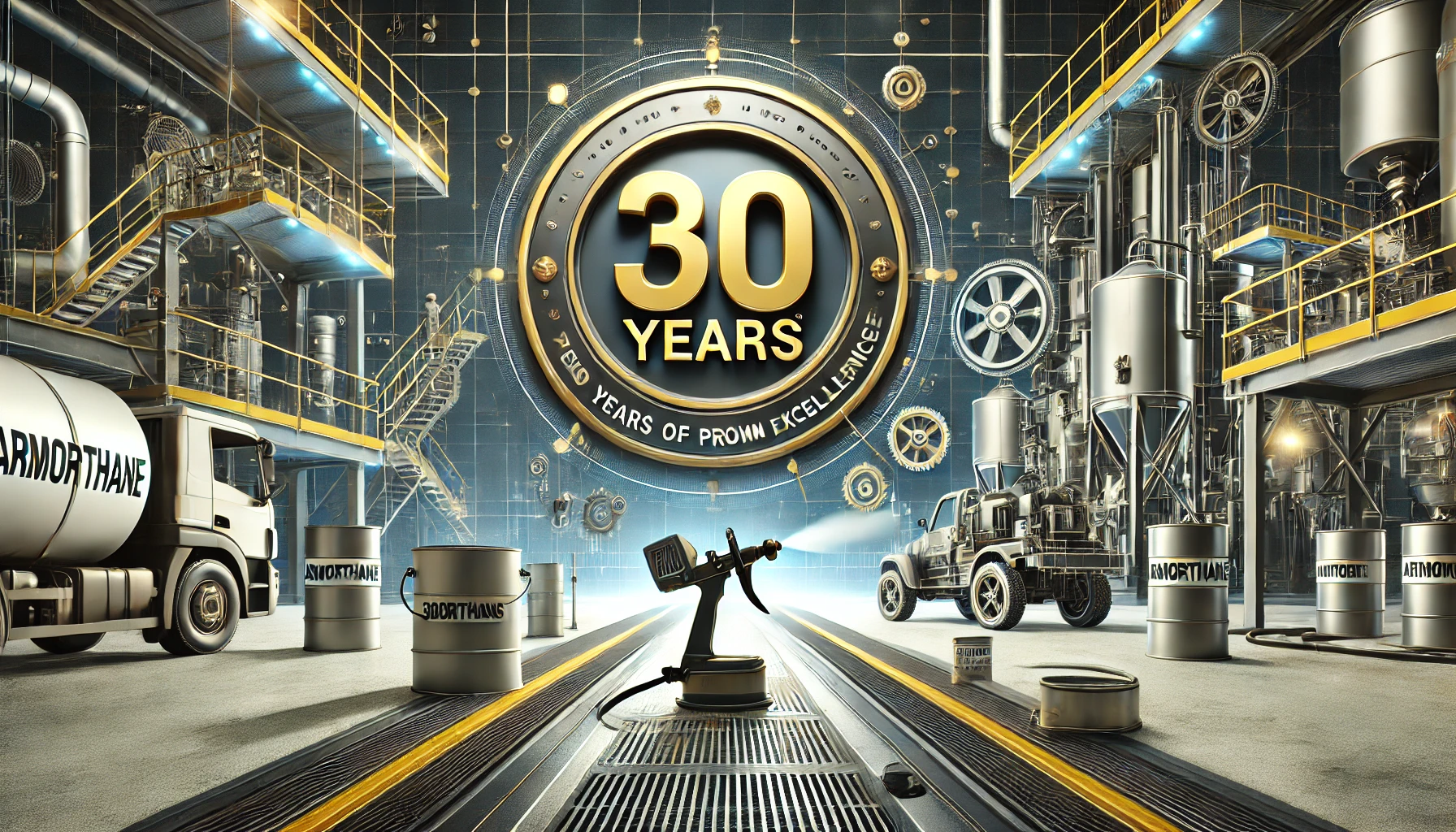 Illustration highlighting 'Armorthane 30 Years of Excellence' for Armorthane, featuring durable coatings being applied in an industrial setting with surfaces like metal and concrete. Spray guns, protective gear, and coated surfaces emphasize the high-performance technology and longevity of the coatings.