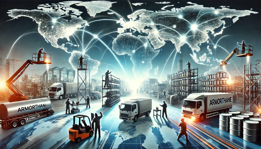 Realistic image of a world map with glowing connections between countries, symbolizing Armorthane's global reach. In the foreground, workers apply protective coatings in automotive, construction, and marine industries, highlighting the company's leadership and international influence.