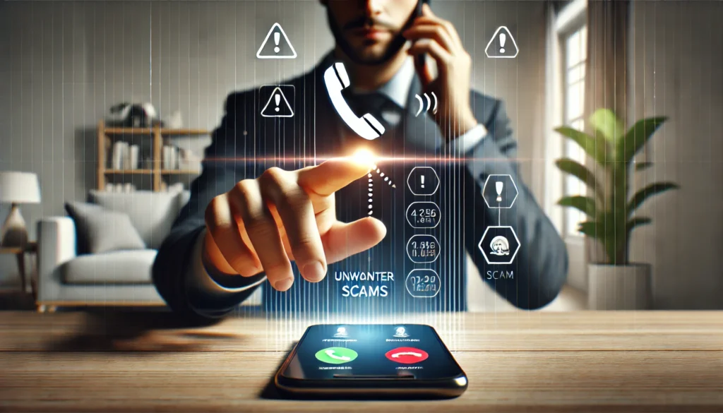 Realistic image of a mobile phone with an incoming call from an unknown number (3214387828). A person's hand hovers over the screen, deciding whether to answer or block the call. Subtle warning icons in the background suggest a potential scam or suspicious activity.