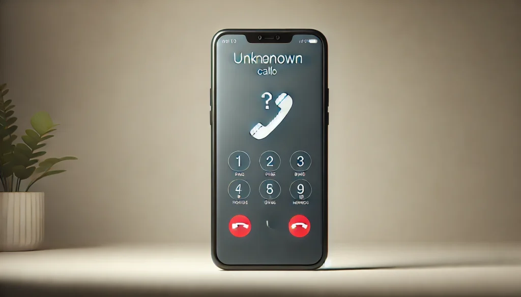 image of a smartphone displaying an incoming call from an unknown number, with a modern and minimalistic background. The focus is on the phone screen, emphasizing the uncertainty and caution surrounding unsolicited calls.