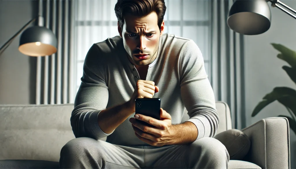 image of a man sitting in a modern living room, looking tense as he checks his smartphone, reacting to a spam call. His facial expression and body language reflect frustration from dealing with multiple unwanted calls.