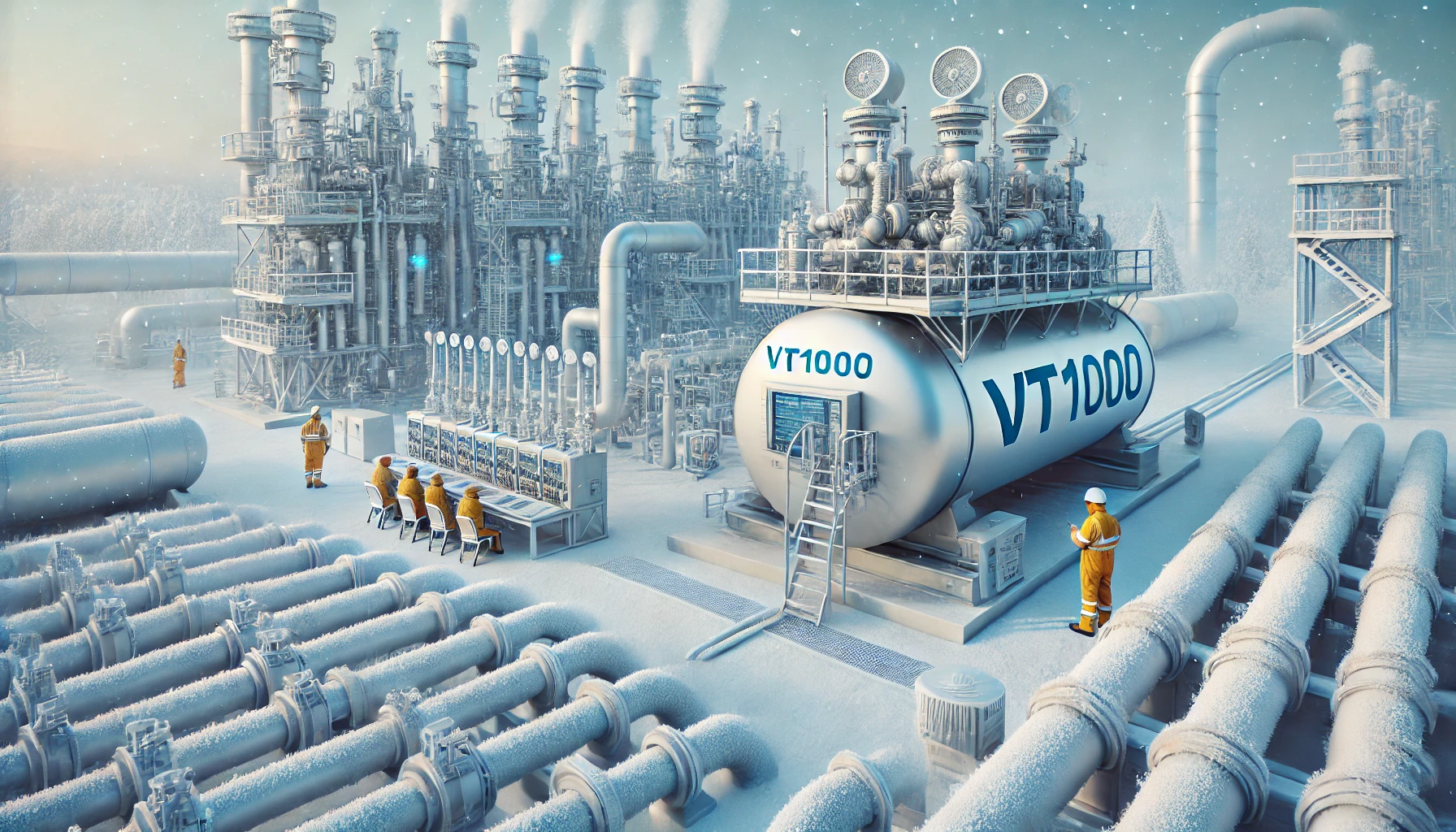 image of an LNG facility in a subzero environment, featuring the VT1000 device surrounded by frosty pipes and equipment. Workers in safety gear monitor the system, with a snowy landscape in the background, emphasizing the harsh, cold conditions.