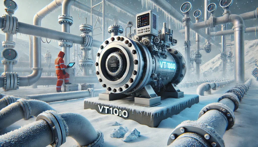 image of an industrial device, the VT1000, surrounded by frosty pipes in a subzero LNG environment. A worker in safety gear monitors the equipment, with a snowy landscape in the background, emphasizing the extreme cold where the VT1000 operates efficiently.