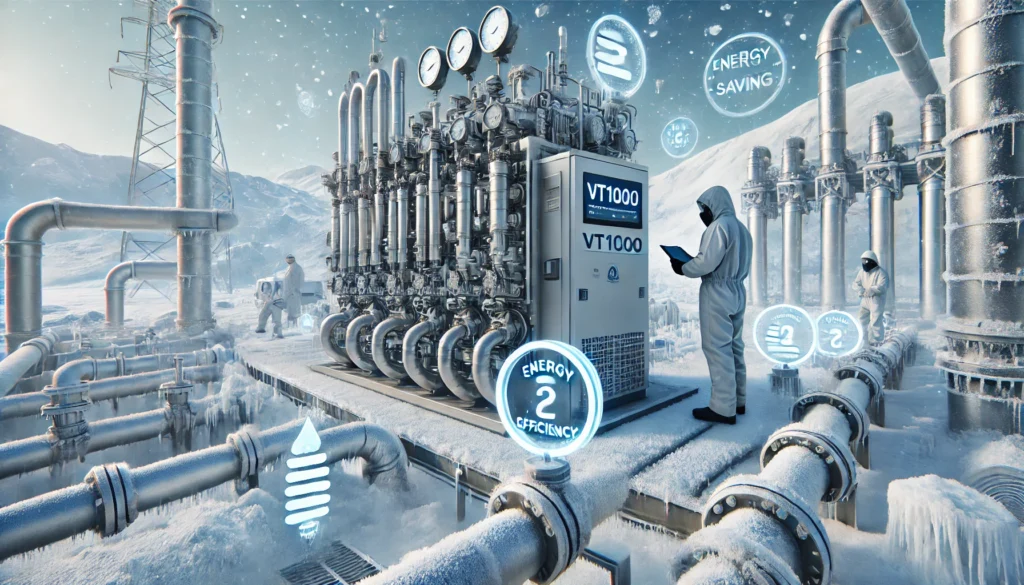 image of the VT1000 in an industrial LNG environment, surrounded by frosty pipes. A worker monitors the equipment, showcasing the benefits of energy efficiency, reduced downtime, and enhanced safety in subzero conditions.