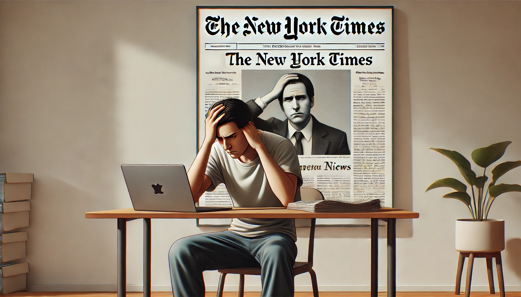 image of a frustrated reader sitting at a desk with a laptop showing a news article from The New York Times. The person has a disappointed expression, with one hand on their head, in a modern living room or office setting. Concept for Why Some Readers are No Longer a Fan of NYT.