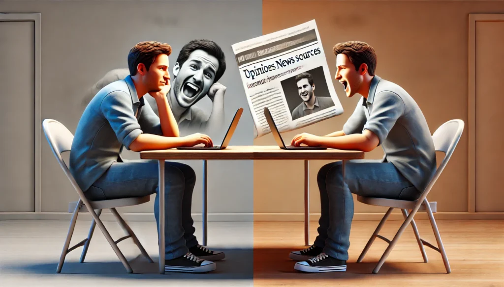 image of a person sitting at a desk with a laptop, displaying two contrasting emotions: smiling while reading content, and later frustrated and disappointed, representing the shift from fan to critic.