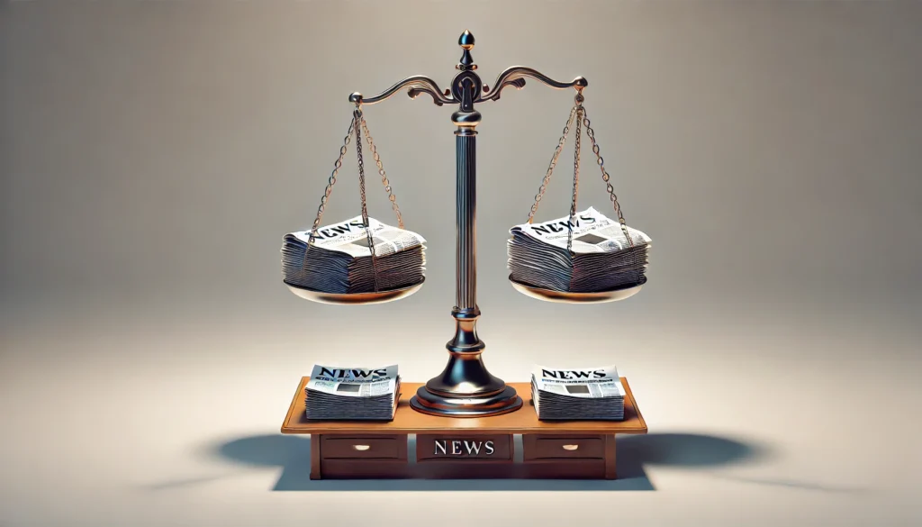 image of a balance scale on a news desk, tilted heavily to one side, symbolizing editorial bias. The heavier side holds newspapers or headlines, while the lighter side is nearly empty, representing imbalance in news reporting.