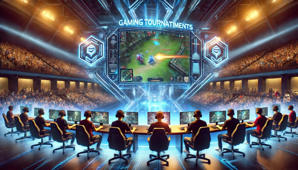 A thrilling gaming tournament scene with professional gamers competing on large digital screens in a stadium filled with cheering crowds and vibrant lighting, with futuristic scoreboards and branding highlighting the high-stakes atmosphere.