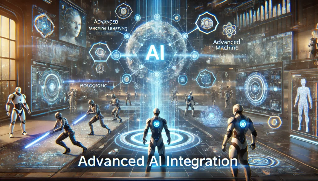 A futuristic gaming scene showcasing advanced AI integration with virtual characters and AI-controlled opponents interacting dynamically with players in a sleek, immersive digital environment. Visuals include holographic interfaces and streams of data representing machine learning algorithms