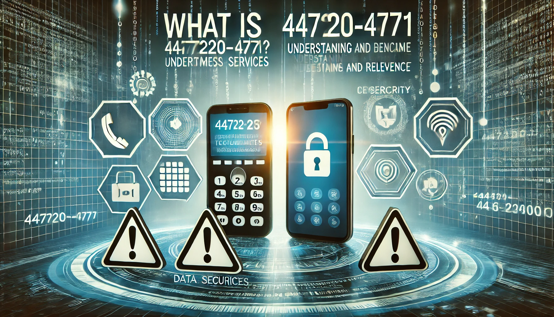 A modern digital image showcasing mobile phones, warning symbols, and cybersecurity icons, representing telecommunications and the importance of protecting against spam or scam calls, including the number 447220-4771.