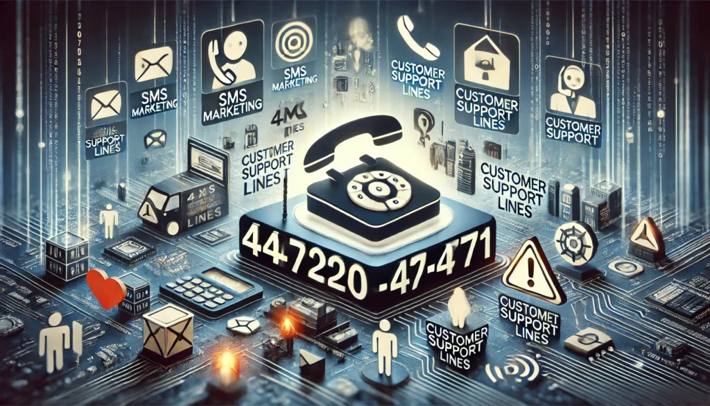 A digital scene representing the common uses of 447220-4771 in telecommunications, featuring mobile phones, SMS marketing, customer service lines, and warning symbols highlighting potential risks like spam or scam calls.