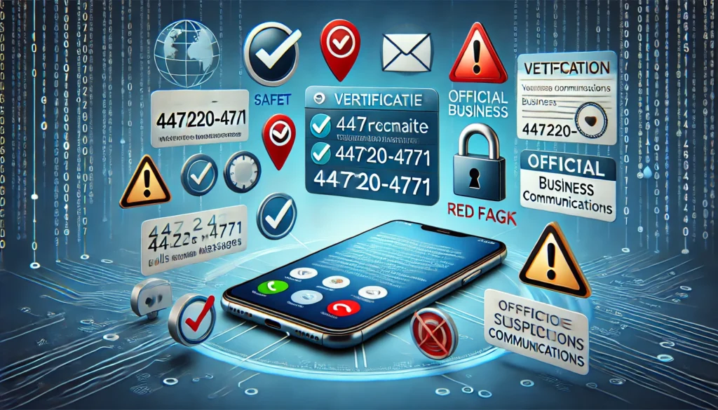 A smartphone displaying a message with checkmarks, security symbols, and business logos, illustrating how to identify legitimate communications from the number 447220-4771, with additional icons highlighting suspicious activity.