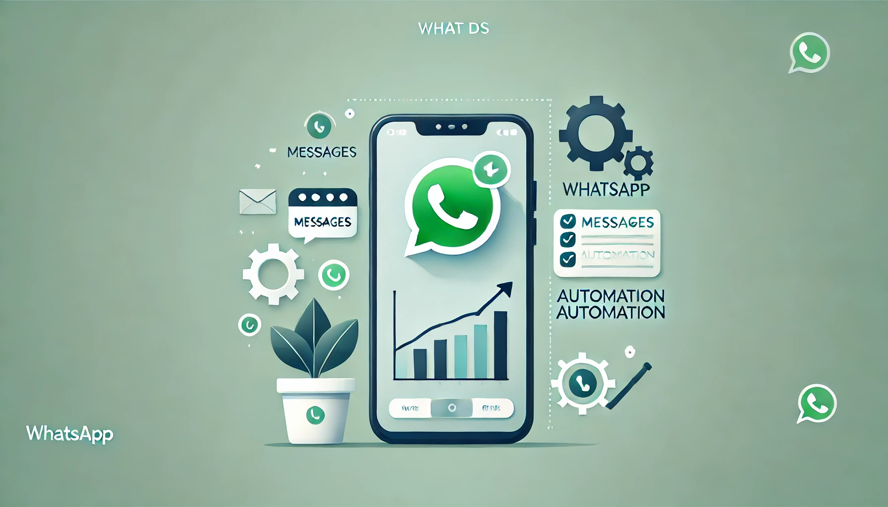 A minimalistic feature image with a mobile phone showing a WhatsApp chat, along with icons for messaging, automation gears, and a growth arrow, symbolizing WhatsApp marketing and business efficiency.