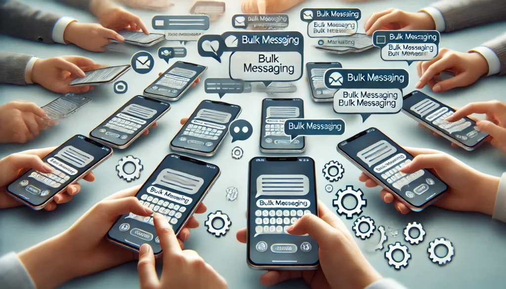 An illustration of multiple smartphones receiving the same message simultaneously, with icons for chat bubbles and automation gears, representing bulk messaging in marketing.