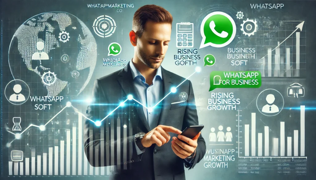 A professional man reviewing WhatsApp messages on his smartphone with rising business charts and messaging icons, representing the importance of WhatsAppMarketingSoft.co for business growth and communication in 2024.