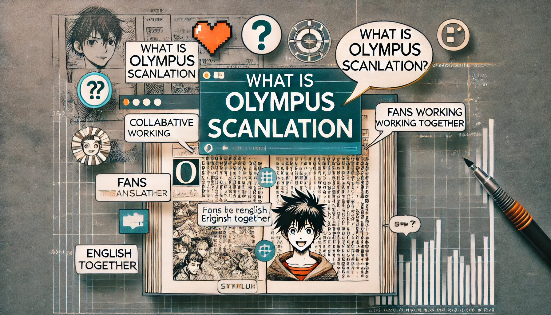 A digital manga page with English translations overlaid, accompanied by icons symbolizing translation, fan collaboration, and manga culture, representing the work of Olympus Scanlation.