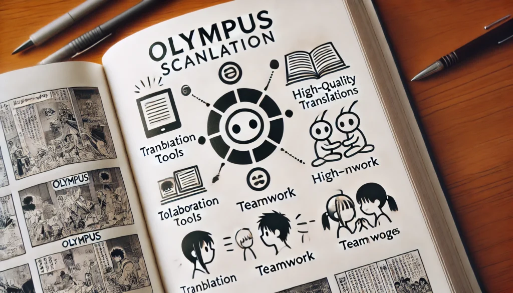 Icons representing translation tools, teamwork, and manga pages, symbolizing the key features of Olympus Scanlation, with a focus on collaboration and high-quality fan-driven translations.