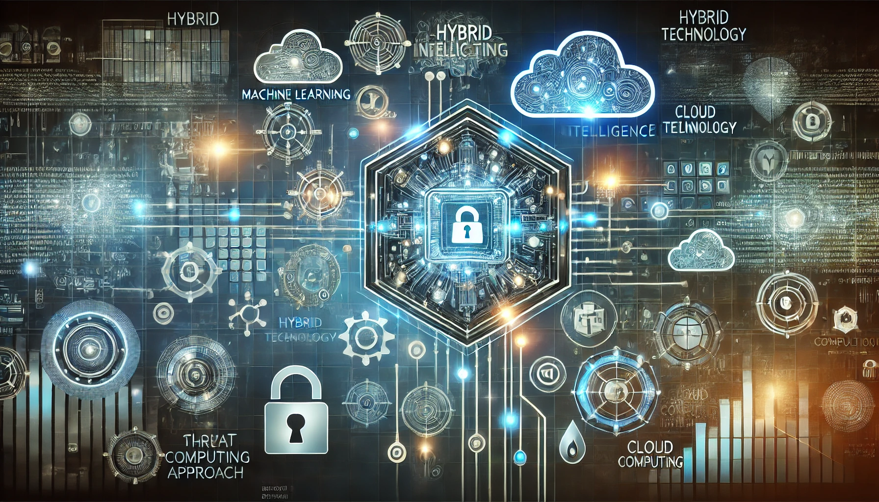 Futuristic digital system depicting interconnected machine learning algorithms, artificial intelligence symbols, and cloud computing, with glowing connections and cybersecurity elements like shields and locks, set against a high-tech blue and green grid background. Concept used for Hasactcind article.