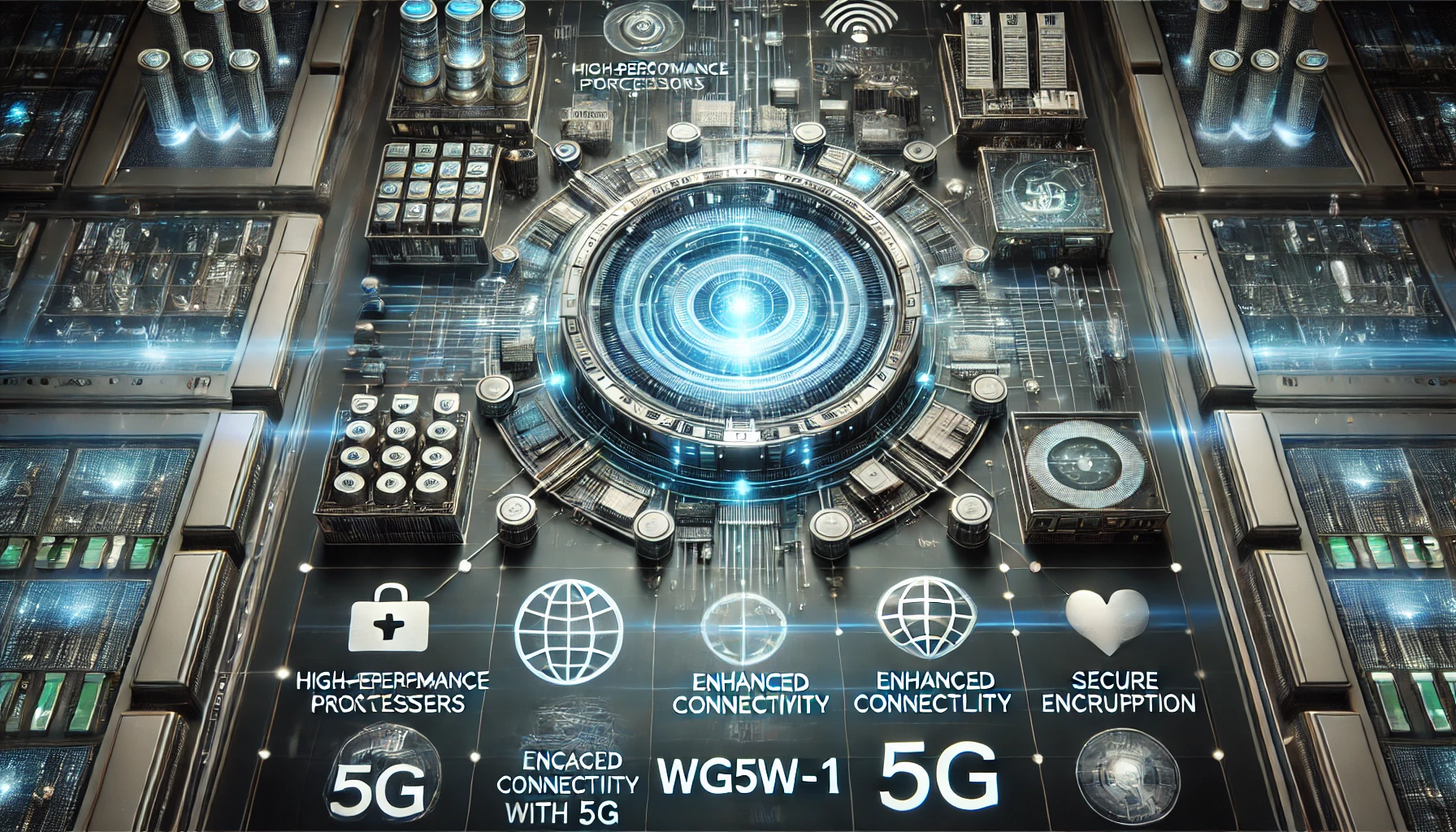 Futuristic illustration of the Model WG5WI-1, featuring high-performance processors, 5G connectivity, and secure encryption with glowing digital grids. The image includes icons representing applications in healthcare, finance, and manufacturing.