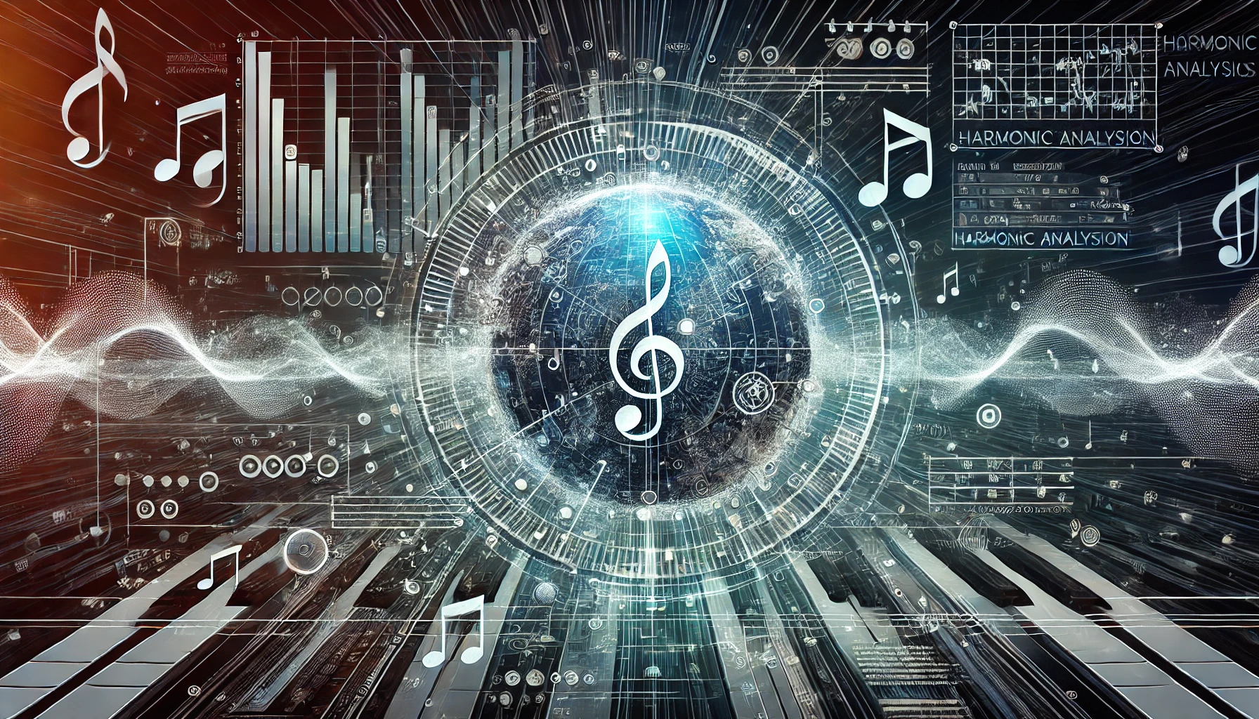 Futuristic concept of Harmonicodecom, featuring coding symbols, sound waves, and musical elements like rhythm and melody merging with digital lines and data transmission, set against a blue, silver, and green high-tech background.