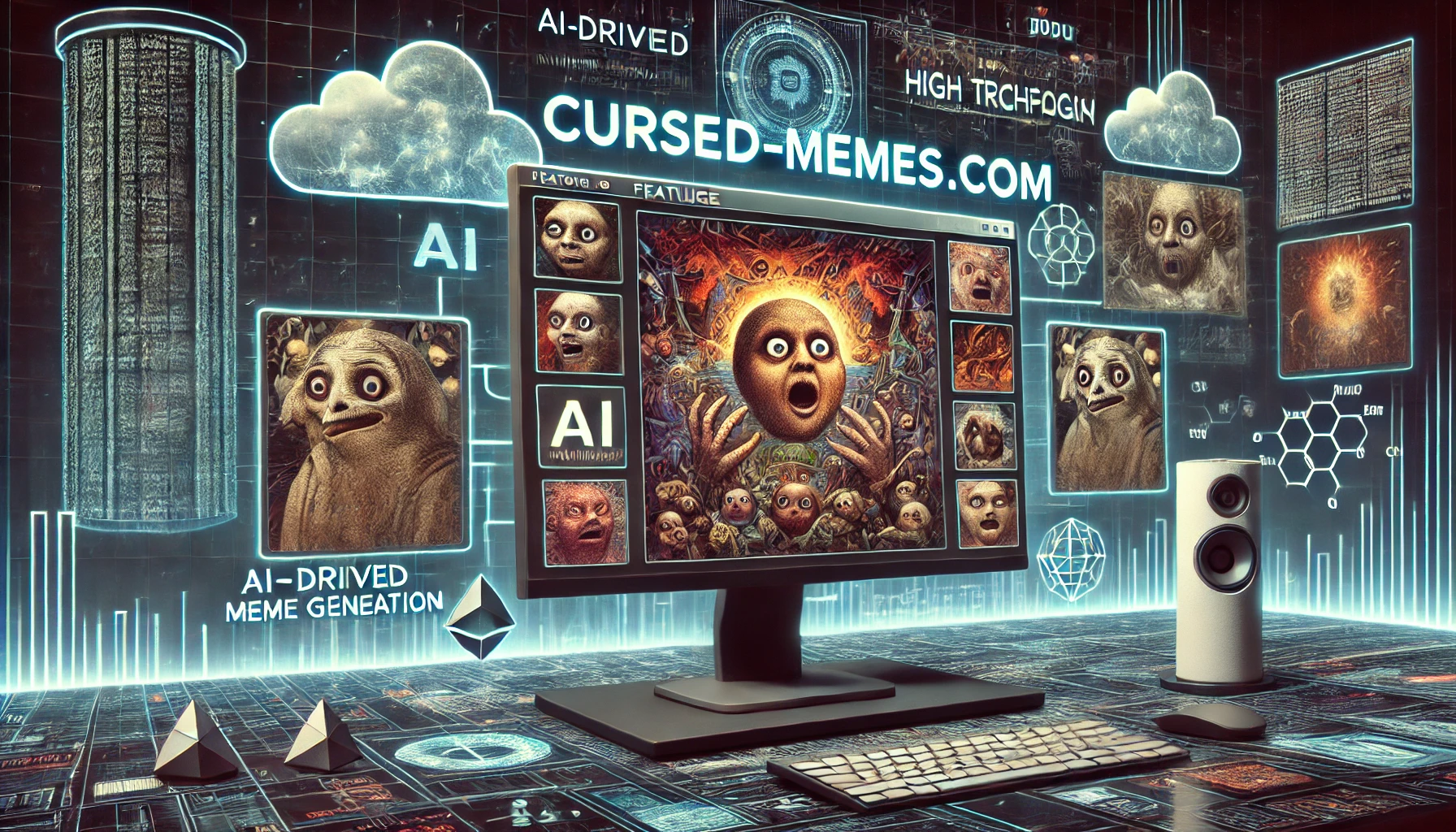 "What is Cursed-Memes.com Technology?"—a digital scene featuring a dark-themed interface with unsettling, bizarre memes displayed on a computer screen. Surrounding the screen are elements like AI icons, algorithmic lines, data streams, and blockchain symbols, representing the platform's use of advanced technology such as AI-driven meme creation and cloud storage. The overall atmosphere is quirky and eerie, reflecting the surreal nature of the site’s content.