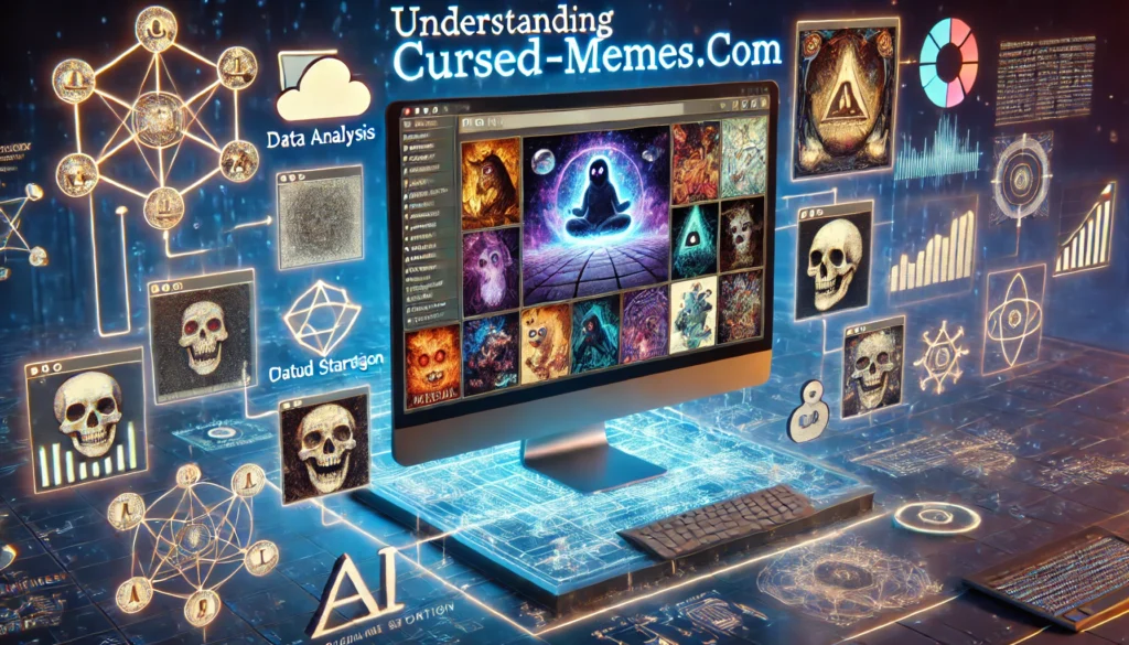 Understanding Cursed-Memes.com Technology"—a digital scene featuring a dark-themed interface displaying surreal and unsettling memes on a computer screen. Surrounding the screen are elements such as AI icons, data analysis charts, cloud storage symbols, and algorithmic lines, representing the technological aspects of the platform, including AI-driven meme generation and data management. The background has glowing blue and purple tones, creating a mysterious and engaging atmosphere.