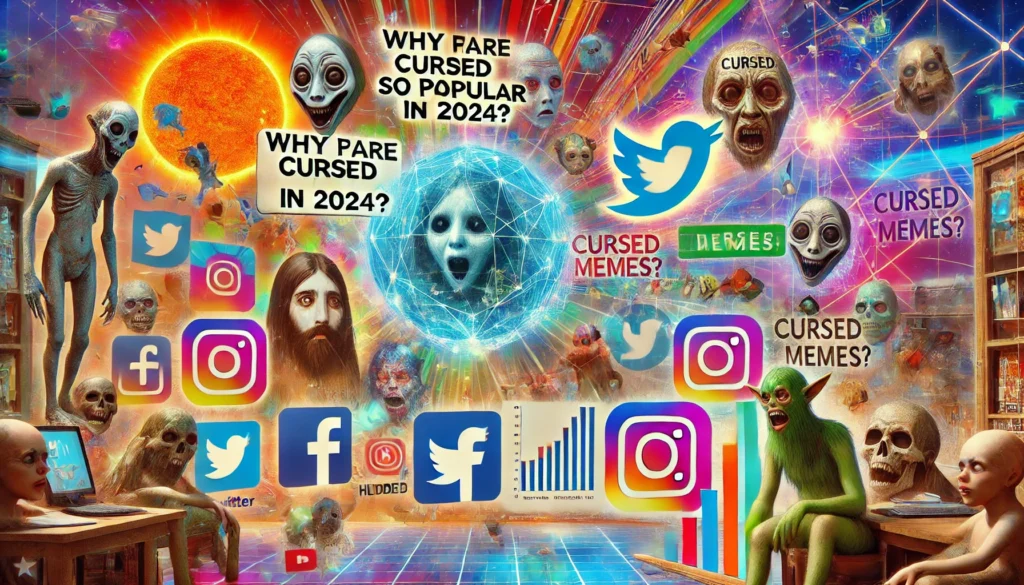 "Why Are Cursed Memes So Popular in 2024?"—a vibrant digital collage featuring a variety of bizarre and unsettling memes, each with elements of humor and confusion. The scene includes icons of social media platforms like Twitter, Reddit, and Instagram, showing how these networks help spread cursed memes. The background is filled with colorful charts and graphs, indicating the trending nature of these memes. The overall mood is energetic and slightly chaotic, reflecting the viral popularity of cursed memes in 2024.