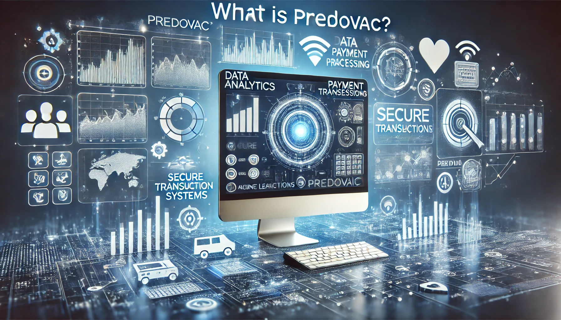 "What is Predovac?"—a modern digital scene featuring a central computer screen with a dashboard displaying graphs, charts, and predictive models, representing Predovac's data analytics capabilities. Surrounding the screen are icons of payment systems, secure transaction symbols, and data flow lines, highlighting its role in financial services and predictive analytics. The background uses sleek digital blue and white tones, creating a high-tech, precise atmosphere.