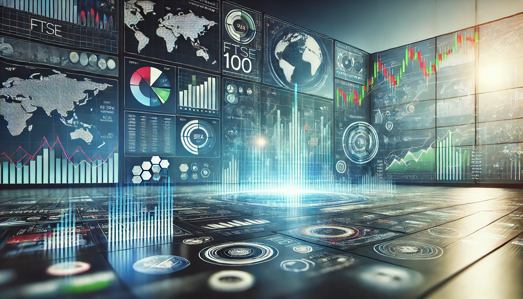 A digital financial platform displaying real-time stock market data and charts, focusing on a financial dashboard analyzing the FintechZoom.com FTSE 100 index. The image features graphs, data points, and abstract icons representing global markets, reflecting FintechZoom.com's capabilities in providing insights.