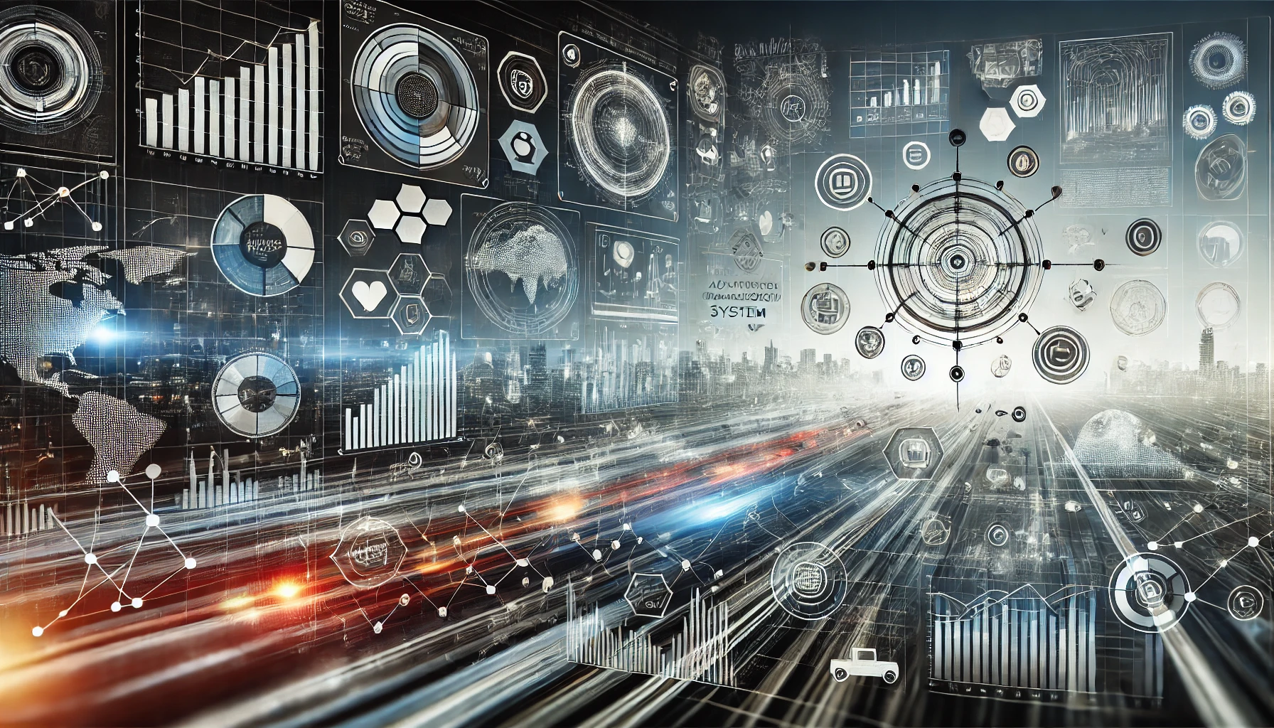 A digital interface displaying a knowledge processing system with data charts, analytics dashboards, and interconnected lines, representing AMSGKP's data integration and analysis capabilities in 2024. The scene is set against a sleek background in shades of blue and gray.