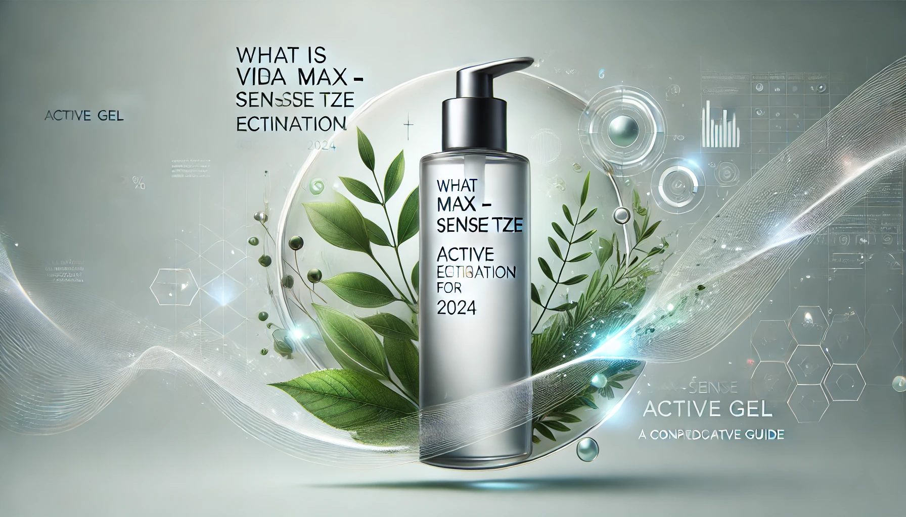 A wide image featuring a sleek bottle labeled "Via Max - Sense Tze Active Gel" placed at the center against a clean, modern background. The left side of the image includes visuals of green leaves and herbal elements, symbolizing natural ingredients. The right side features abstract glowing lines and digital icons, representing advanced estimation technology. The overall style is minimalistic and professional, with a balanced composition.