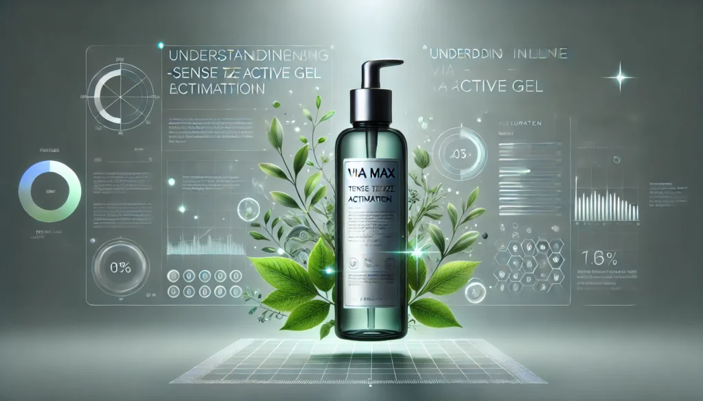 A wide inline image illustrating the concept of "Understanding Via Max - Sense Tze Active Gel Estimation." The image features a sleek bottle of gel labeled "Via Max - Sense Tze Active Gel" placed in the center. To the left, green leaves and herbal elements symbolize the gel's natural ingredients. On the right, glowing lines and geometric shapes represent advanced technological aspects and estimation methods. The background is clean and minimalistic, creating a professional yet approachable visual.