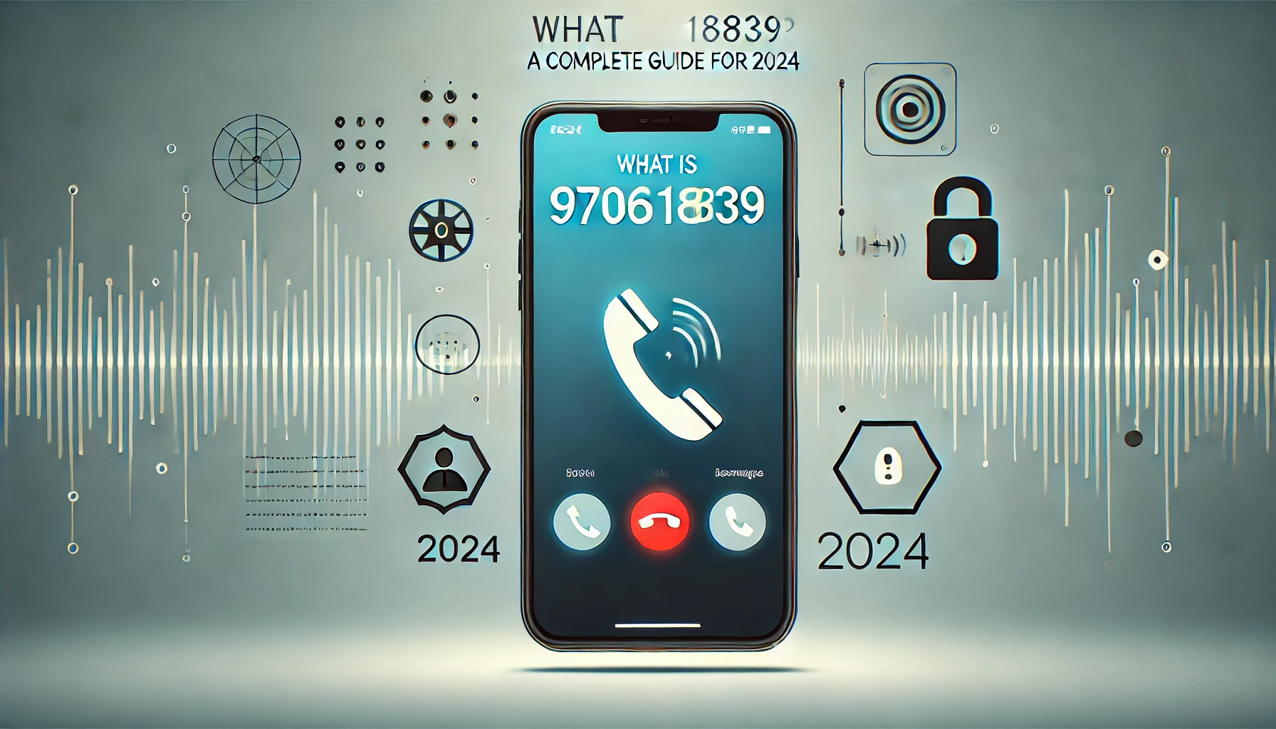 A wide image for an article titled "What is 970616839? A Complete Guide for 2024." The image features a smartphone on the left side with a screen displaying the number "970616839" highlighted on a caller ID. To the right, abstract icons such as a warning triangle, a lock, and digital elements represent security, scam awareness, and tech-related themes. The background includes subtle phone call waveform graphics, creating a modern, tech-inspired feel.