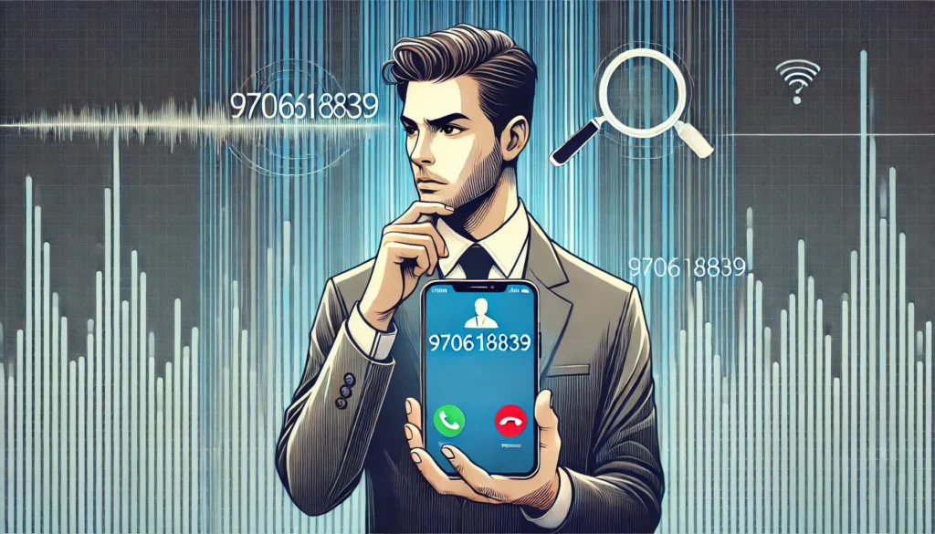 A wide image for an article titled "Understanding 970616839: What Does It Mean?". The image features a man in a smart-casual outfit looking thoughtfully at a smartphone that displays the number "970616839" on the screen. He has a curious and slightly concerned expression. The background combines abstract digital waveforms and icons like a magnifying glass, representing analysis and inquiry into unknown calls. The overall atmosphere is modern and professional, aligning with the article’s theme of exploring the meaning behind unknown phone numbers.