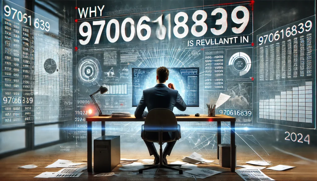 A wide image for an article titled "Why 970616839 Is Relevant in 2024." It depicts a business professional in a modern office, focused on a computer screen displaying the number "970616839." The desk is filled with charts, graphs, and papers, suggesting data analysis and tracking activities. Abstract digital elements like data streams and holographic displays are present in the background, representing the use of advanced technology and analytical tools.