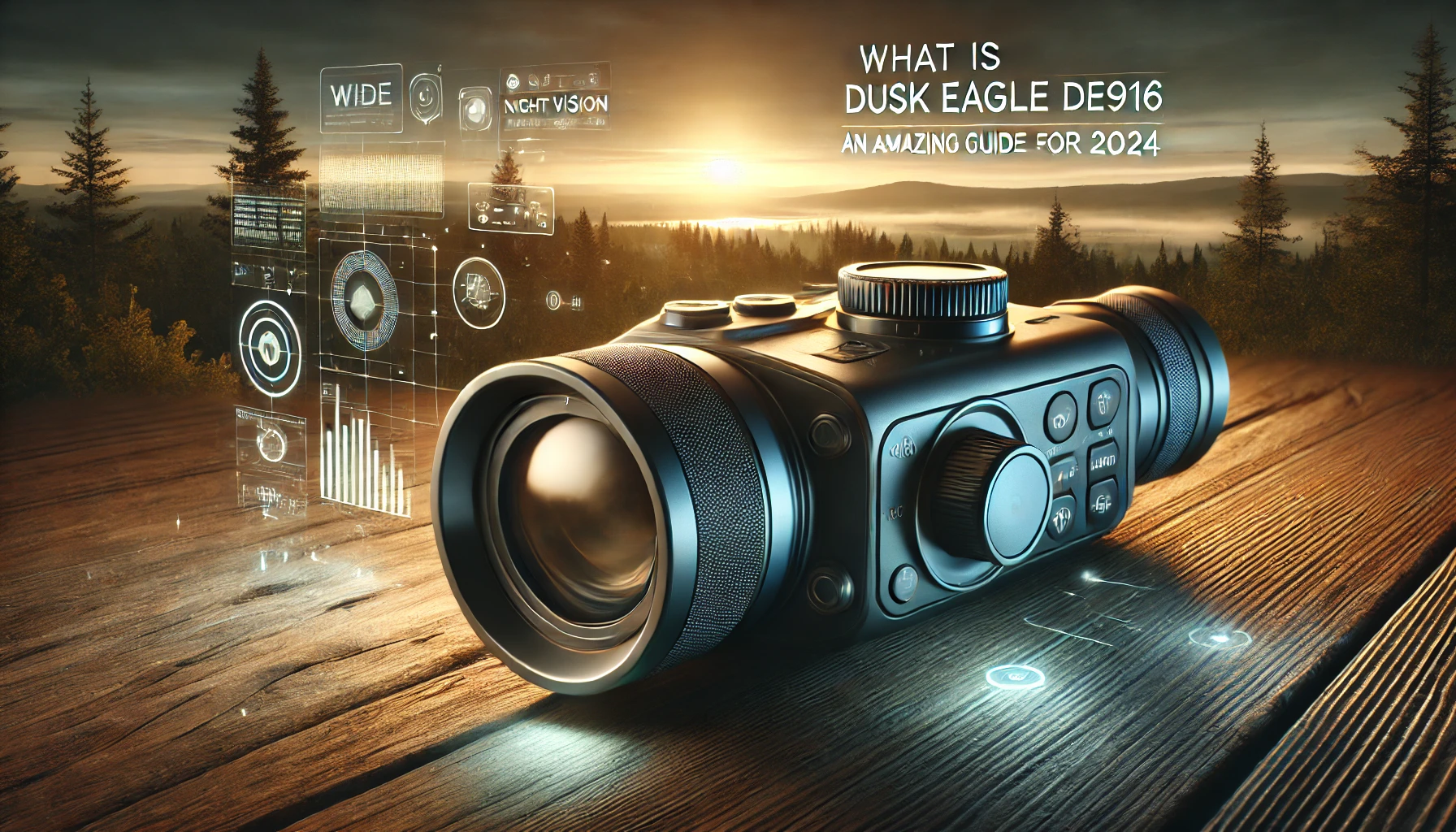 A wide image for an article titled "What is Dusk Eagle DE916? An Amazing Guide for 2024." The scene features a digital night vision device labeled "Dusk Eagle DE916" resting on a wooden surface outdoors during dusk. The device is partially illuminated by the warm light of a sunset, with a distant forest and mountain range in the background. Subtle digital elements like data streams float around, symbolizing advanced technology. The overall scene blends nature and modern tech, creating a balanced and adventurous atmosphere.